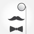 Monocle or eyeglasses, mustache and bow tie. Old fashioned gentleman accessories icon. Vintage or hipster style. Vector illustrati